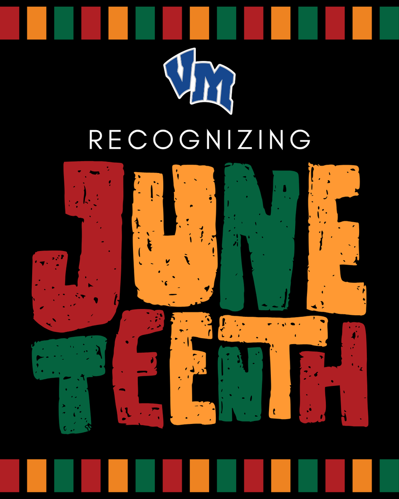 Bold colorful text reading 'Juneteenth' with 'Recognizing' above on a black background framed by red, orange, and green blocks.