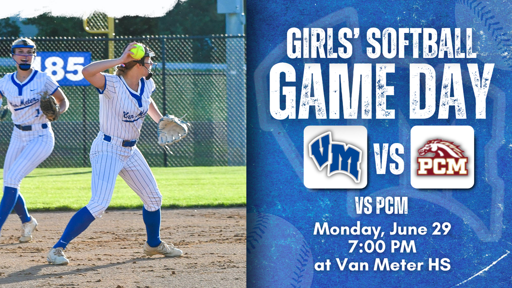 Female softball player in white and blue uniform preparing to throw the ball on a sunny field during a game day announcement.