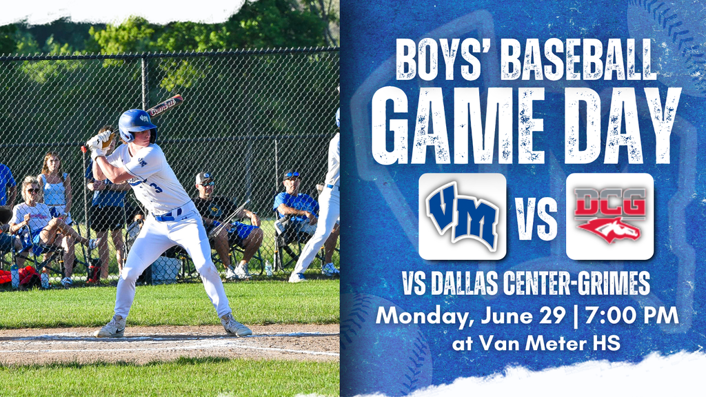 High school baseball player at bat during a sunny game, promoting Van Meter vs Dallas Center-Grimes on June 29 at 7 PM.