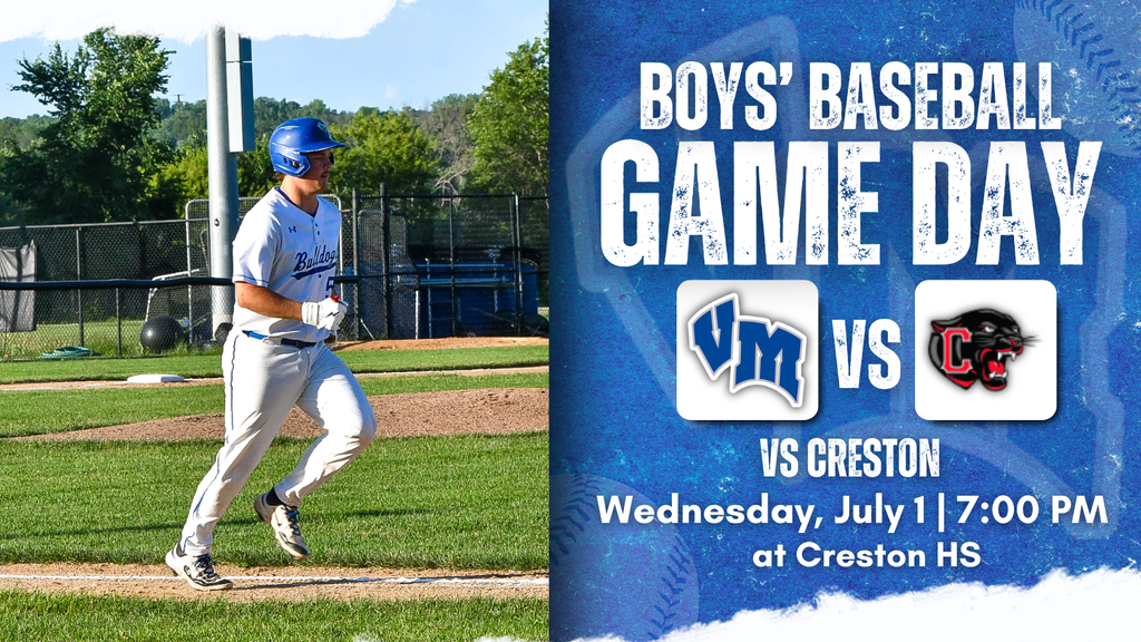 Baseball player in blue helmet running on field during boys' game day at Creston High School.