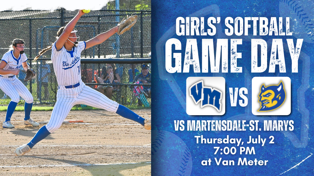 Female softball pitcher in mid-throw during a game, wearing a white and blue uniform with 'Van Meter' on the jersey.