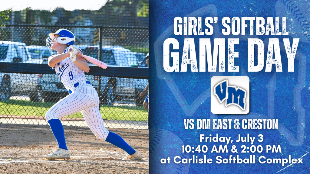 Girl softball player in blue and white uniform swinging bat during game at outdoor field with chain-link fence and parked cars behind.