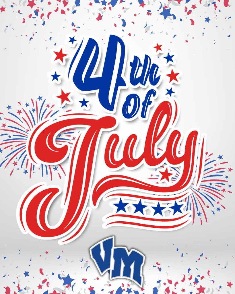 Festive 4th of July text with red, white, and blue fireworks and star confetti background.