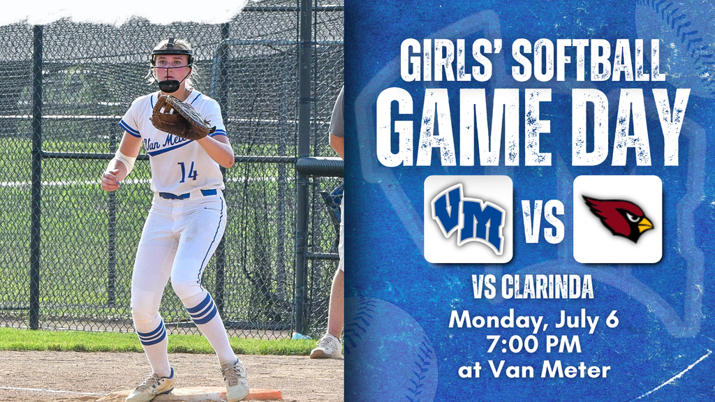 Female softball player in white uniform preparing to pitch during a game at Van Meter field.