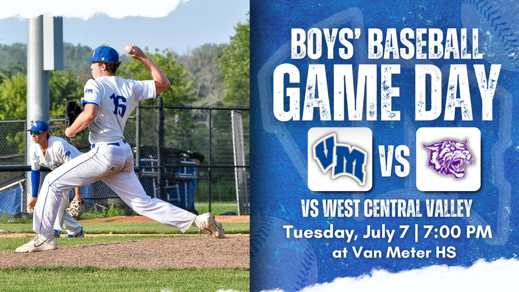 Pitcher in white uniform winding up to throw during a boys' baseball game at Van Meter High School.