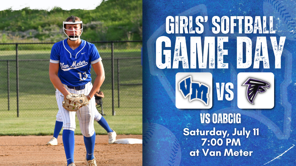 Female softball player in blue Van Meter uniform ready on the pitcher's mound during a game day announcement.