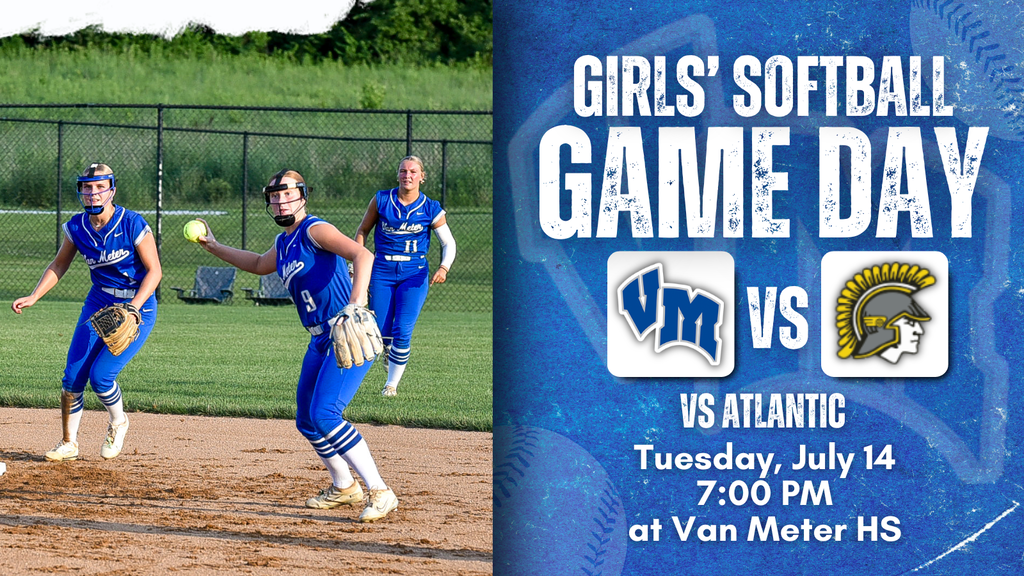 Three girls in blue softball uniforms on the field preparing to pitch and field during a game at Van Meter High School.