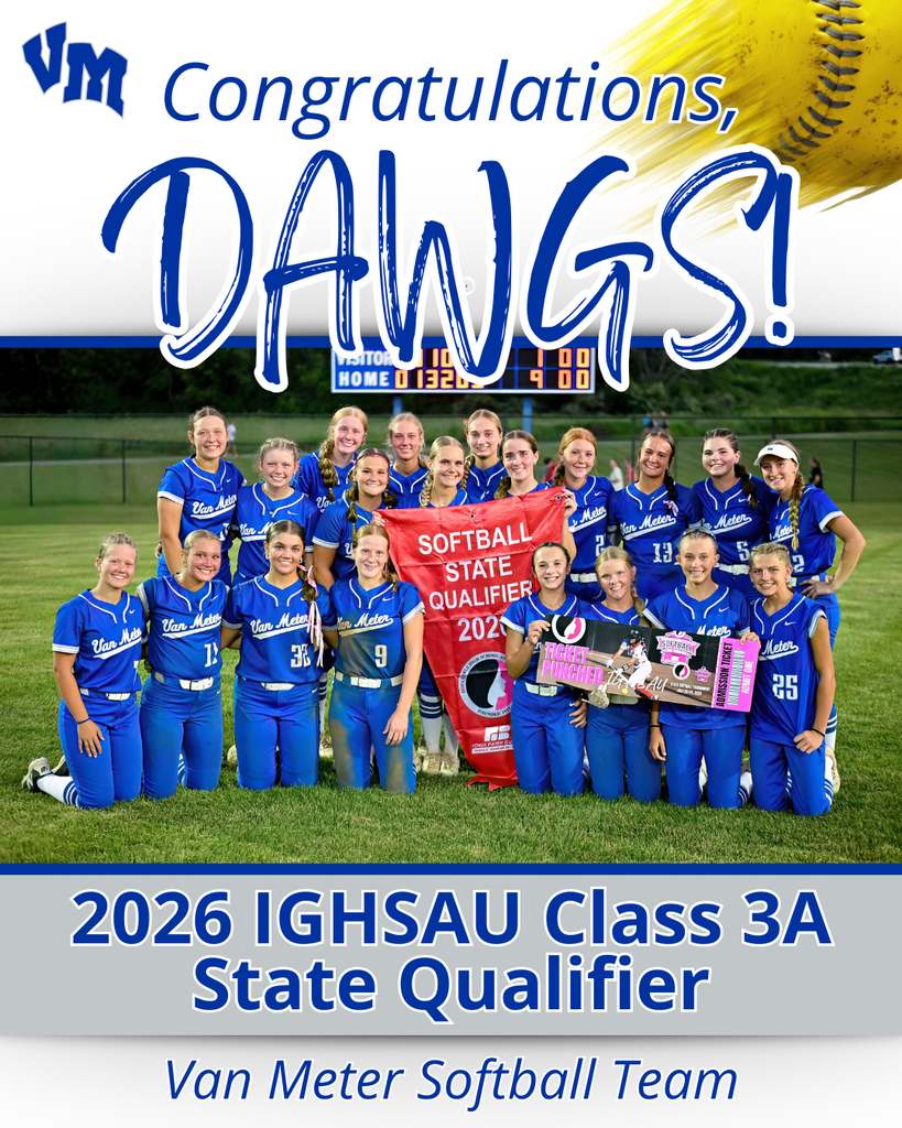 Van Meter Softball Team posing on the field with a red state qualifier banner, celebrating their 2026 IGHSAU Class 3A qualification.