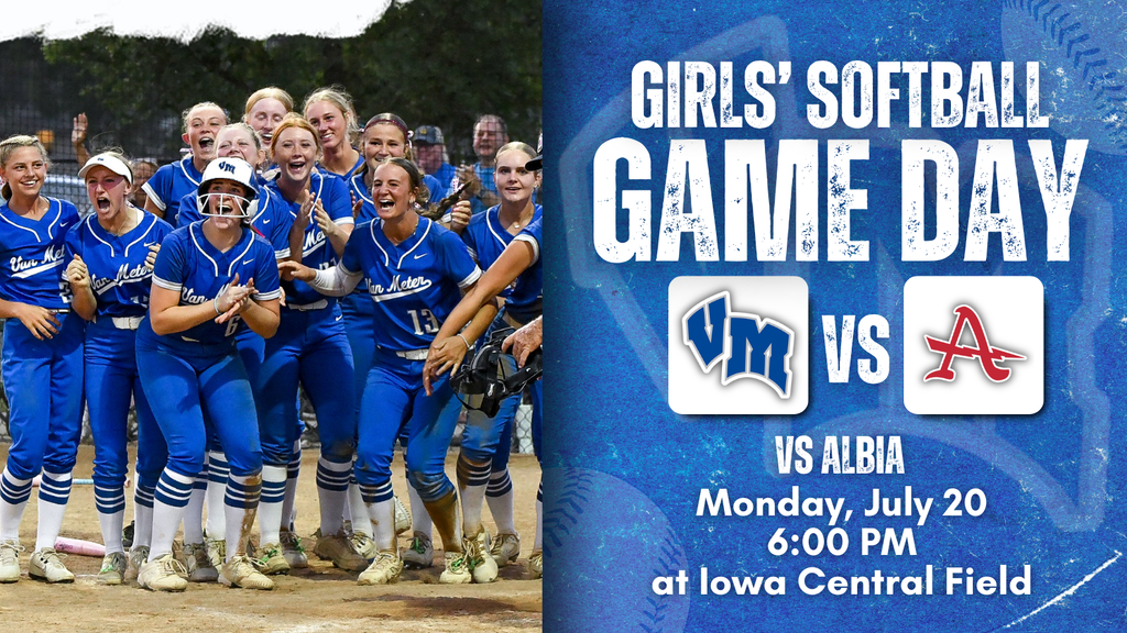 Excited girls' softball team in blue uniforms celebrating on the field.