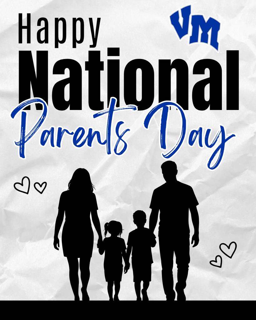 Silhouettes of a family of four holding hands beneath bold text wishing a Happy National Parents Day with small heart illustrations.