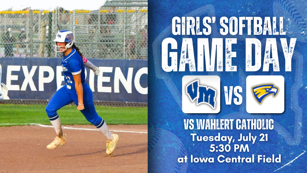Female softball player in blue uniform running on the field during a game.