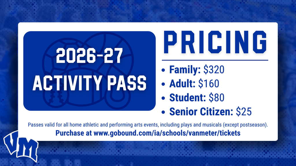 2026-27 activity pass pricing for family, adult, student, and senior citizen with purchase link for Van Meter schools.