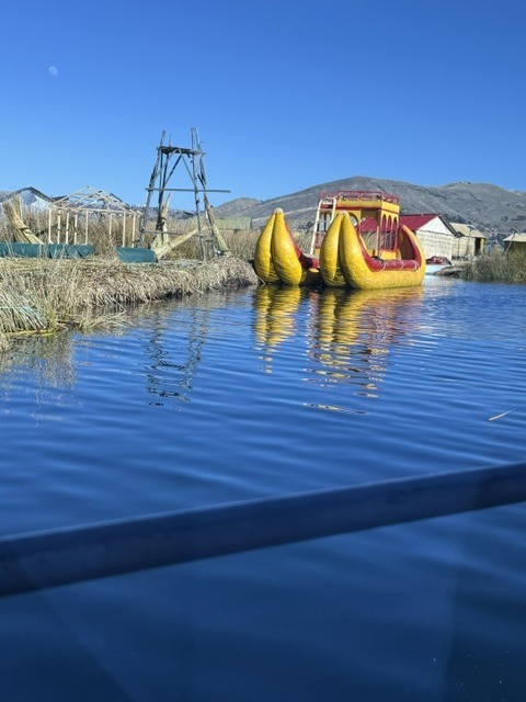 Bright yellow and red boat shaped like a giant bird floating on calm blue water near reeds and rustic structures under a clear sky.