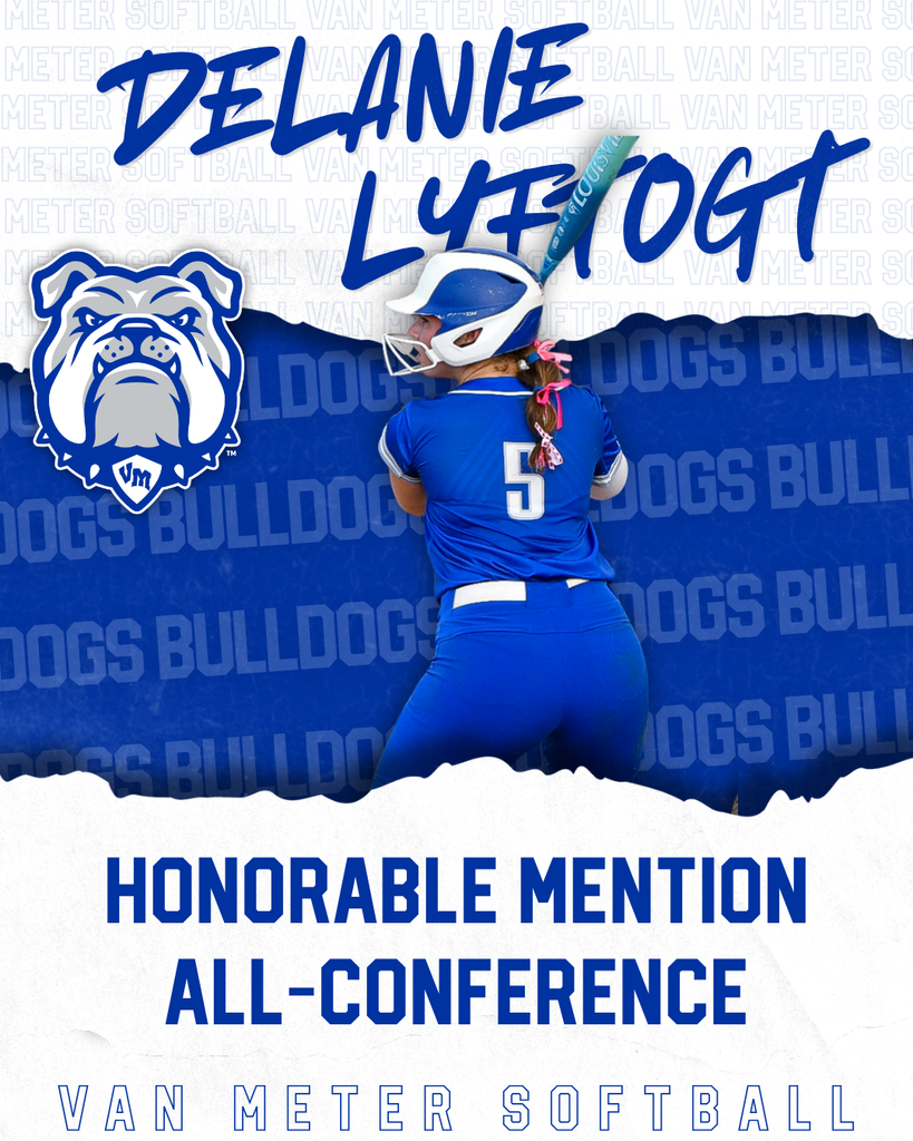Softball player in blue uniform with number 5 preparing to bat, honored as Delanie Lyftogt with All-Conference mention for Van Meter Softball.