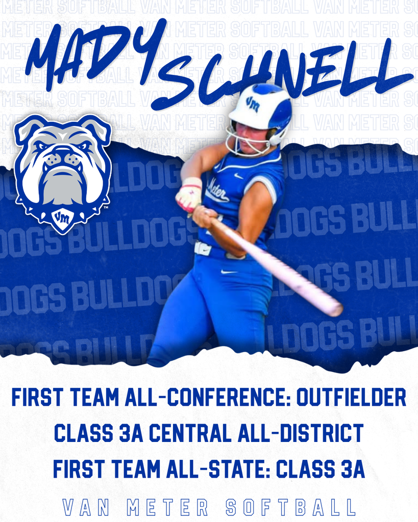 Softball player Mady Schnell in blue uniform swinging a bat with Van Meter Bulldogs logo and accolades listed.