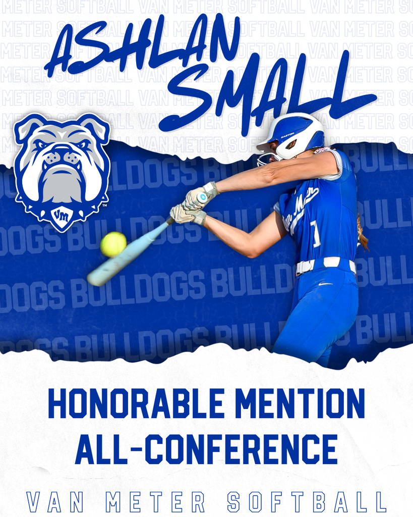 Female softball player Ashlan Small in blue uniform swings bat hitting a yellow ball, honored with All-Conference mention for Van Meter Bulldogs.