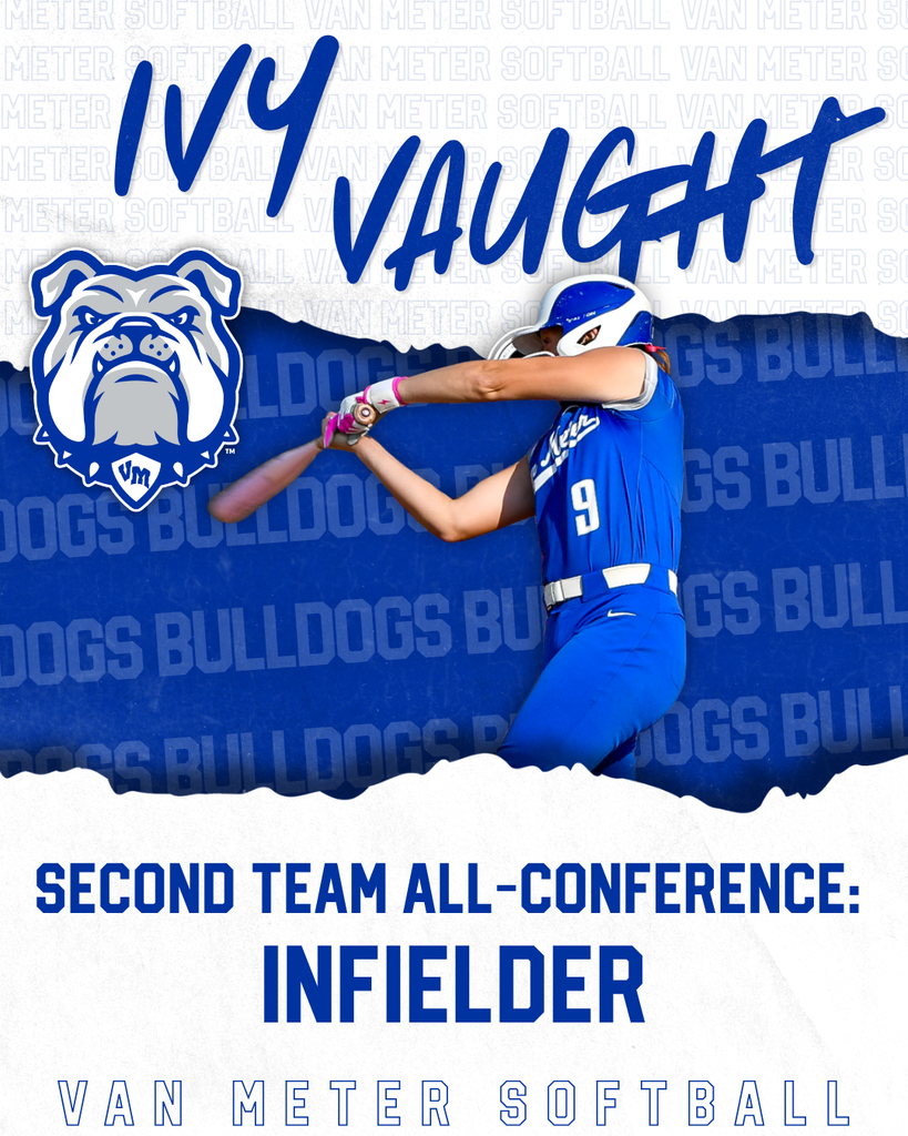 Softball player Ivy Vaught in blue uniform swings bat, recognized as Second Team All-Conference Infielder for Van Meter Bulldogs.