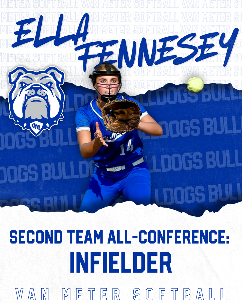 Softball player Ella Fennesey in blue uniform catching a ball, honored as Second Team All-Conference Infielder for Van Meter Bulldogs.