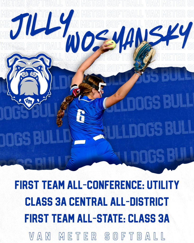 Softball player Jilly Wosmansky in blue uniform pitching with glove raised, celebrating her all-conference and all-state honors.