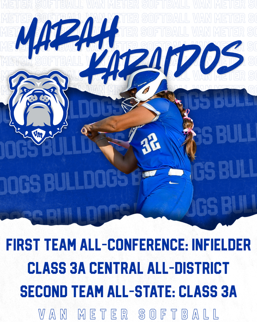 Softball player Marah Kabados in blue uniform swinging bat, recognized as First Team All-Conference Infielder and Second Team All-State in Class 3A.
