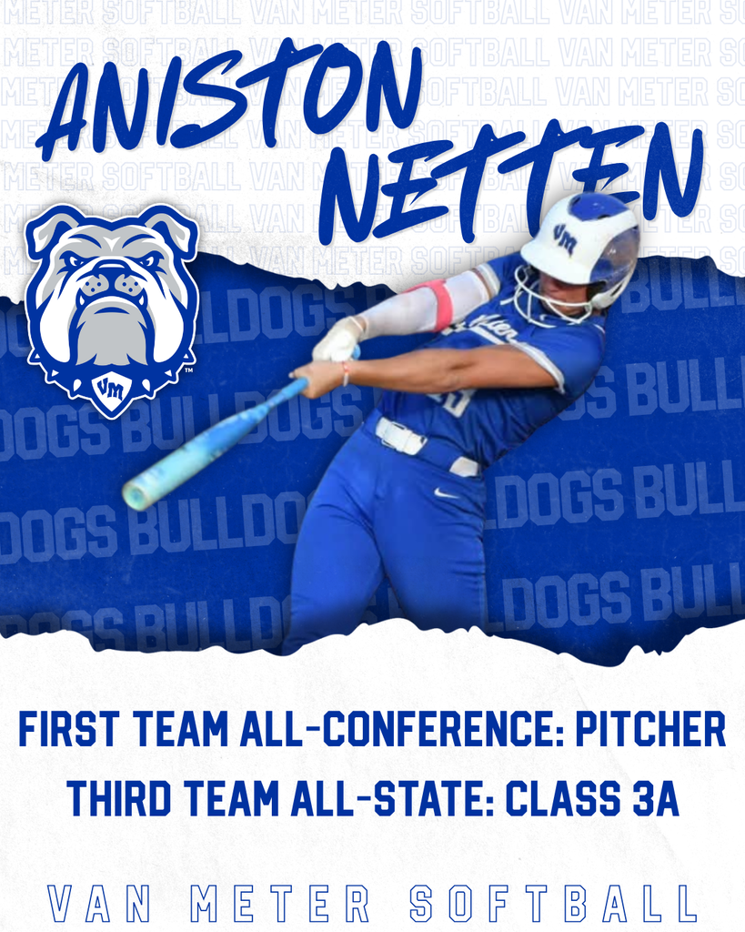 Softball player Aniston Netten in blue uniform swinging bat, recognized as First Team All-Conference pitcher and Third Team All-State Class 3A.