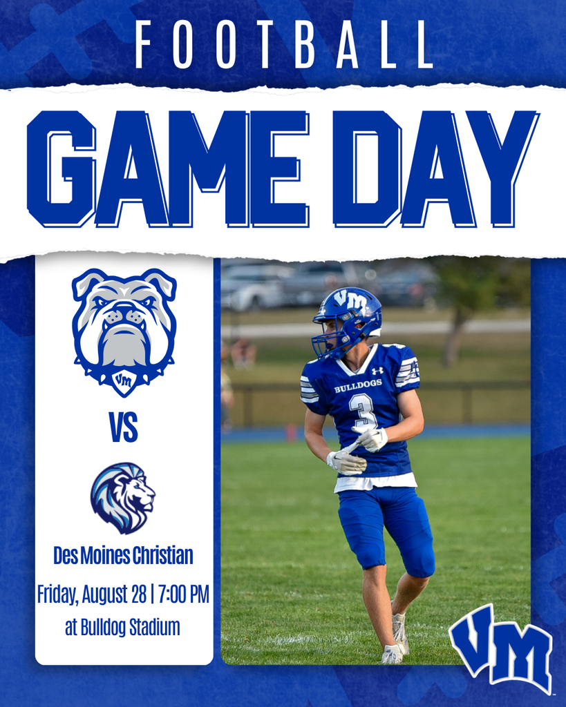 High school football player in blue VM Bulldogs uniform on field during game day announcement for matchup against Des Moines Christian on August 28 at Bulldog Stadium.