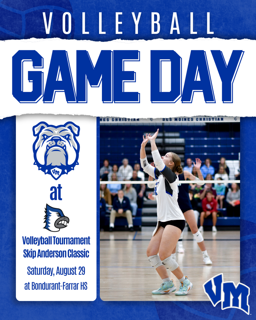 Female volleyball player in white and blue uniform preparing to hit the ball during a match at Bondurant-Farrar High School.