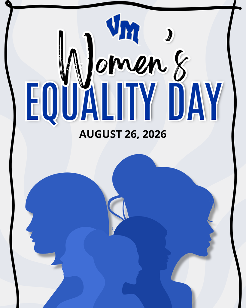 Graphic promoting Women's Equality Day on August 26, 2026, featuring blue silhouettes of diverse female profiles against a light background.