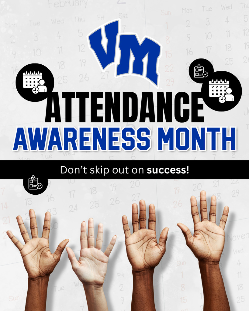Four diverse hands raised against a calendar background promoting VM Attendance Awareness Month for student success.