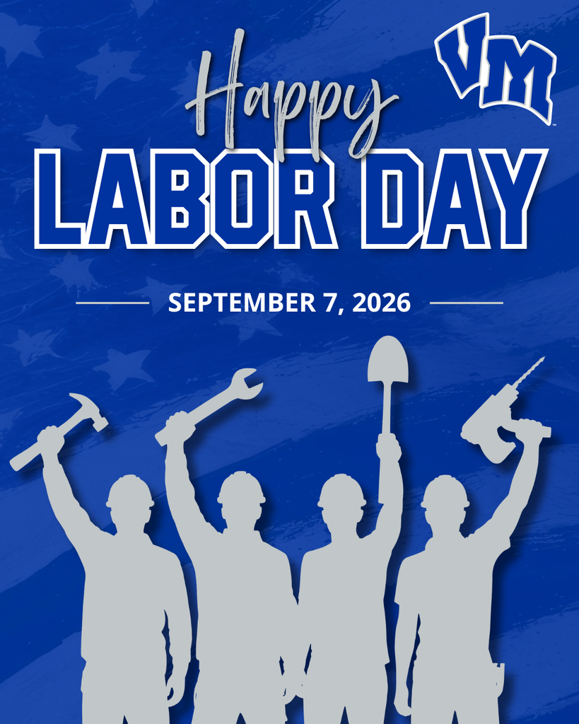 Blue Labor Day greeting with silhouettes of workers holding tools and the date September 7, 2026.