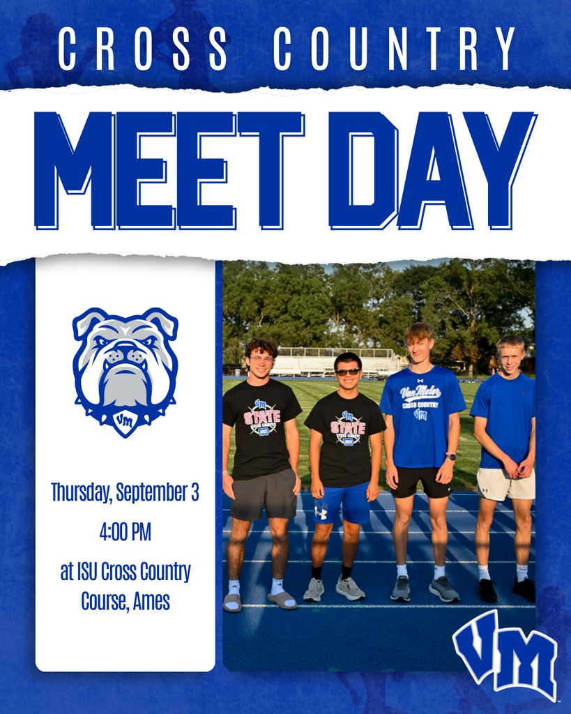 Four male cross country runners stand on a track at ISU Cross Country Course in Ames, ready for meet day on September 3 at 4 PM.