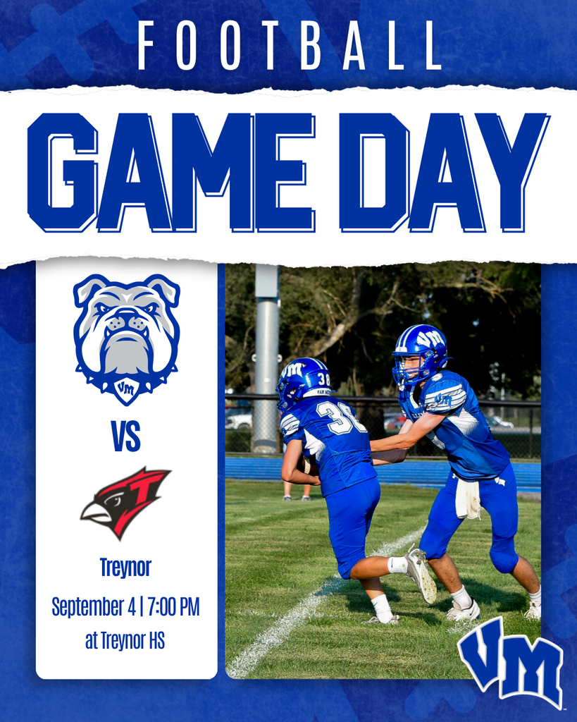 Two football players in blue uniforms practicing on a green field under clear skies before the game against Treynor on September 4 at 7 PM.