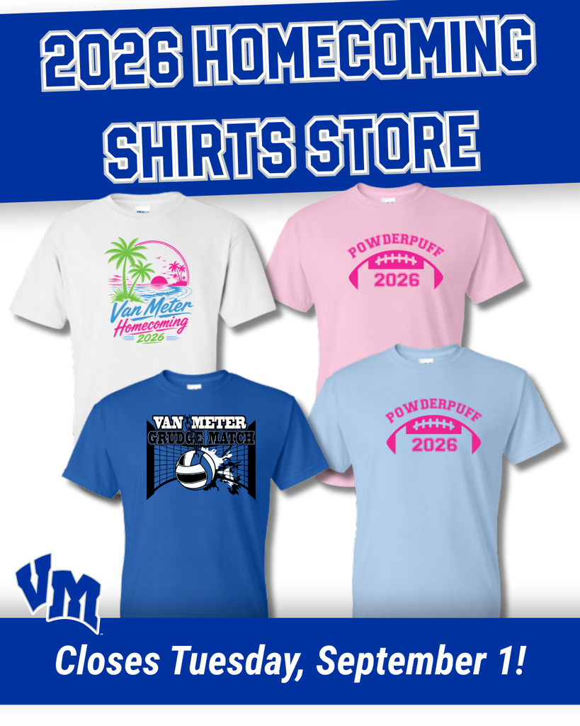 Four colorful 2026 homecoming shirts displayed, featuring Van Meter themes and powderpuff football designs in white, pink, blue, and light blue.