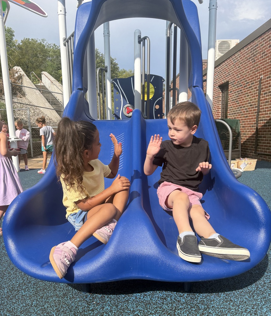 Two young children sitting on a blue double slide at a playground, about to high-five each other on a sunny day.