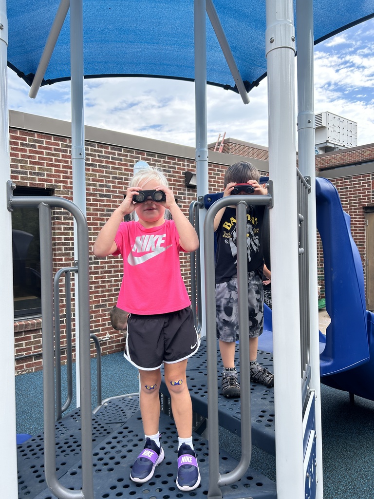 Two children on a playground platform looking through binoculars under a blue canopy on a sunny day.