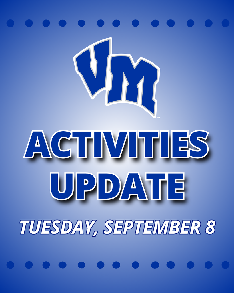VM logo above bold text announcing activities update for Tuesday, September 8 on a blue gradient background.