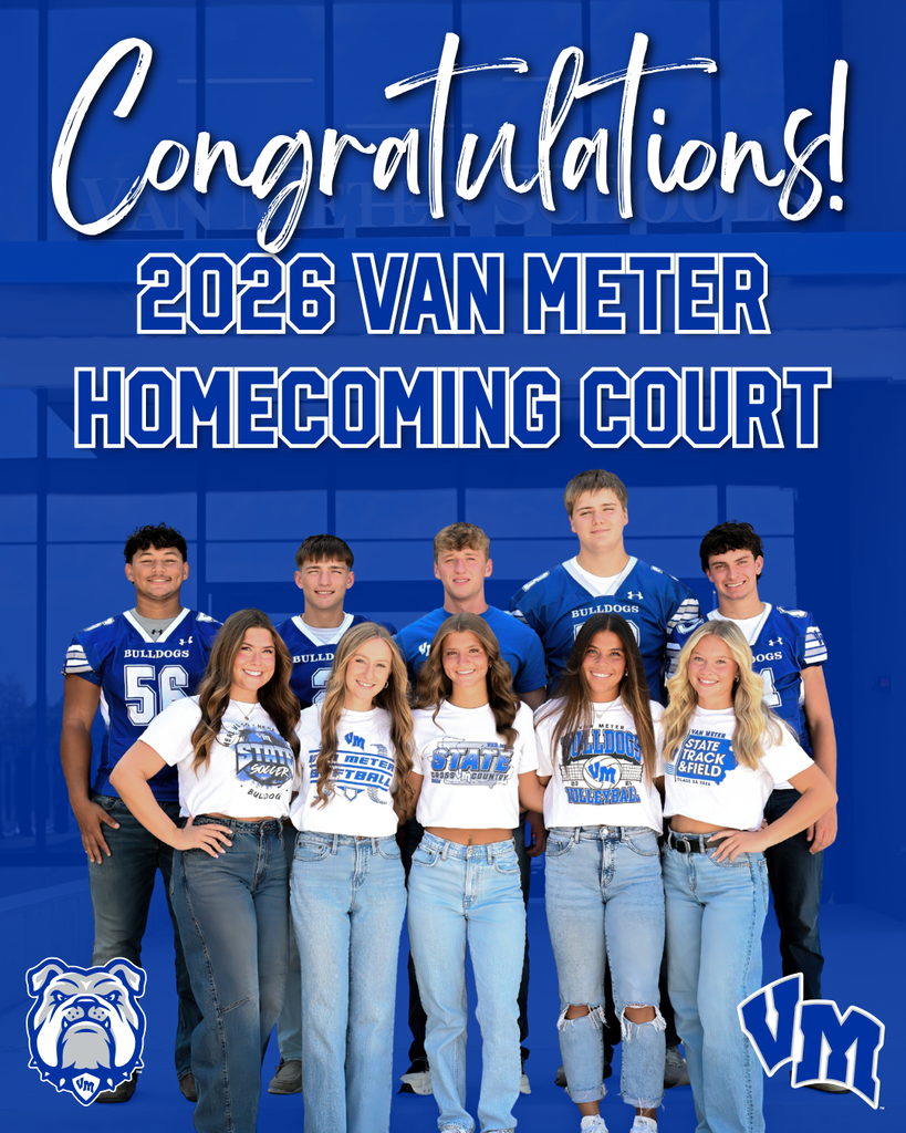 Group photo of the 2026 Van Meter Homecoming Court with five girls in white Bulldogs shirts and five boys in blue football jerseys/shirts.