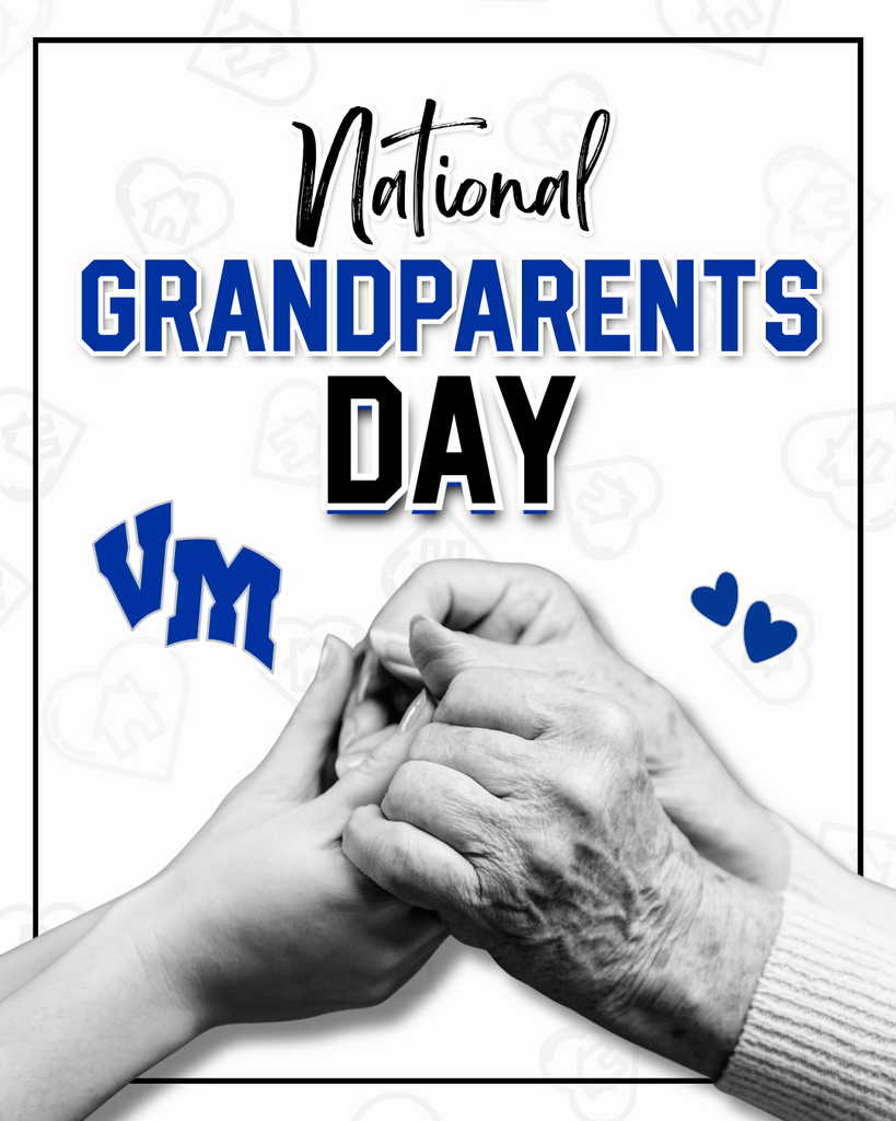 Elderly hands gently holding younger hands symbolizing love on National Grandparents Day with bold blue and black text.