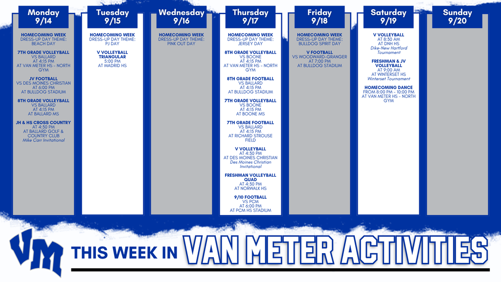 Weekly schedule of Van Meter school sports and activities from Monday 9/14 to Sunday 9/20, including volleyball, football, cross country, and dance events.