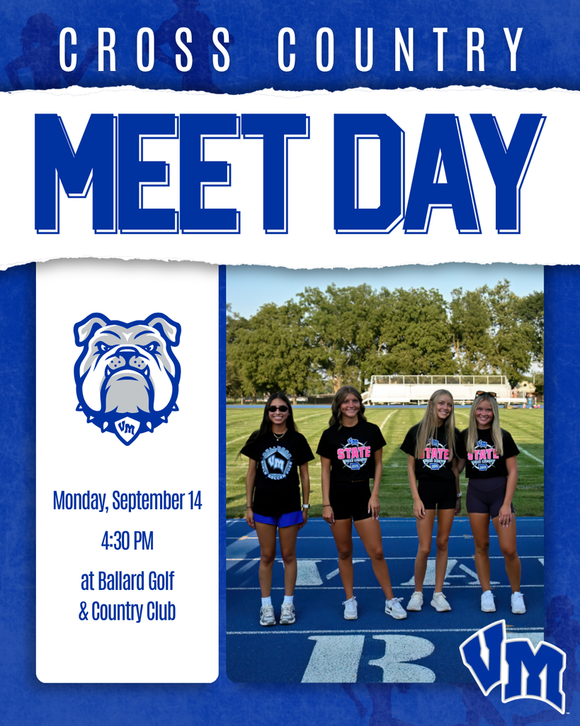 Four female cross country runners in team shirts standing on a track with trees and bleachers in the background at Ballard Golf & Country Club.
