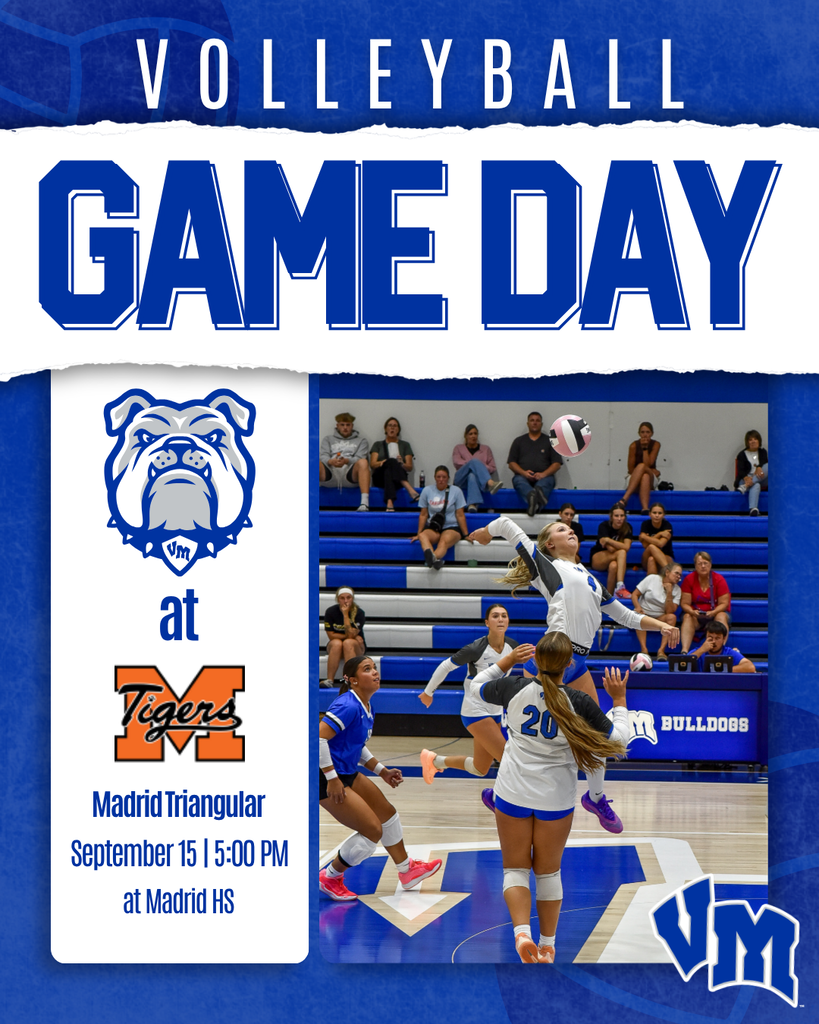 Volleyball game day announcement featuring Bulldogs vs Tigers at Madrid High on September 15 at 5 PM.