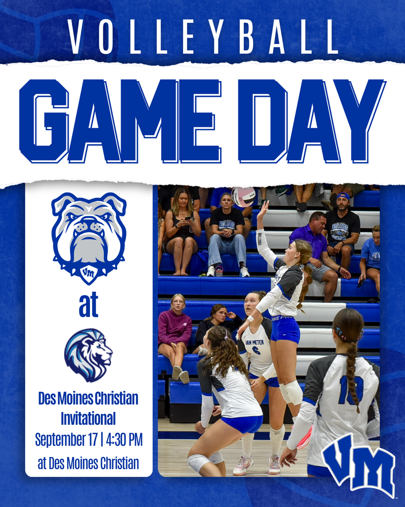 Volleyball game day announcement featuring a player jumping to hit the ball during a match at Des Moines Christian Invitational.