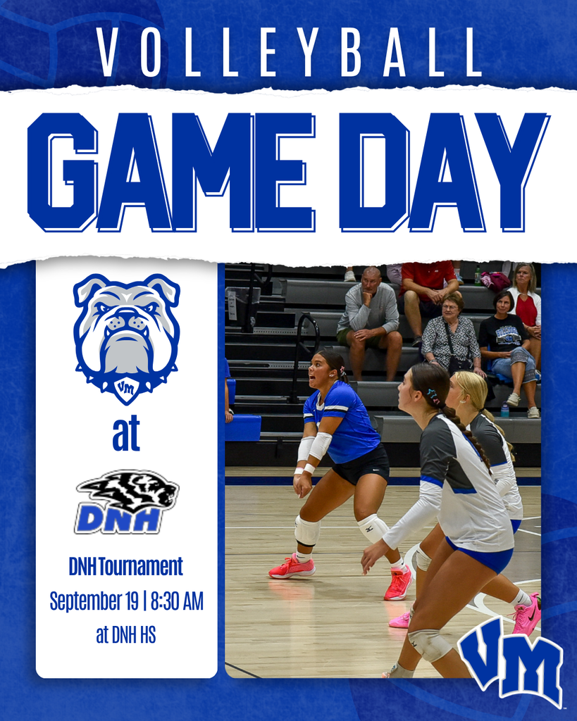 Volleyball game day announcement featuring VM Bulldogs versus DNH Panthers at DNH High School on September 19 at 8:30 AM.