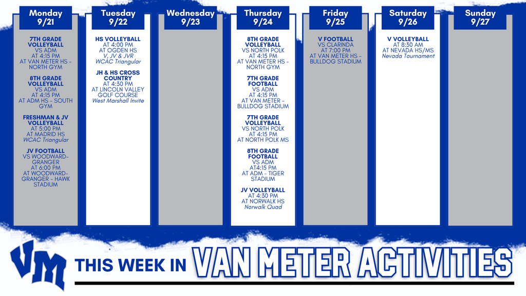 Weekly schedule of Van Meter school sports events from Monday 9/21 to Sunday 9/27, including volleyball, cross country, football, and JV games with times and locations.