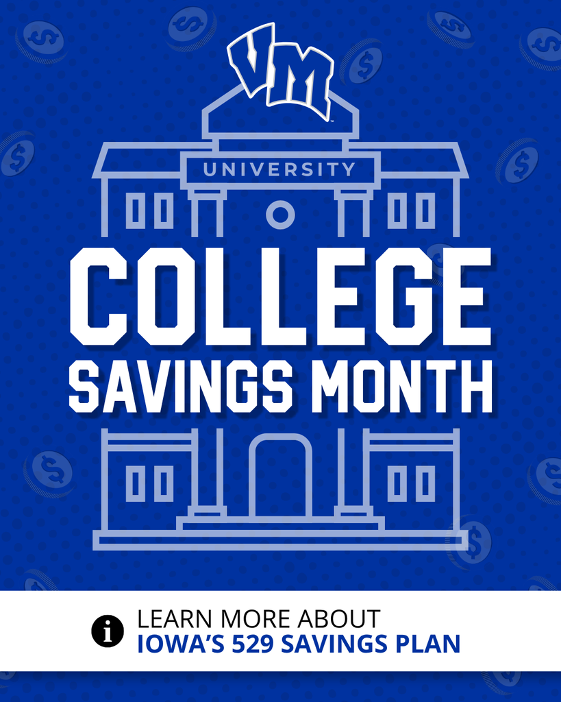 Blue graphic promoting College Savings Month with a university building outline and VM initials at the top.