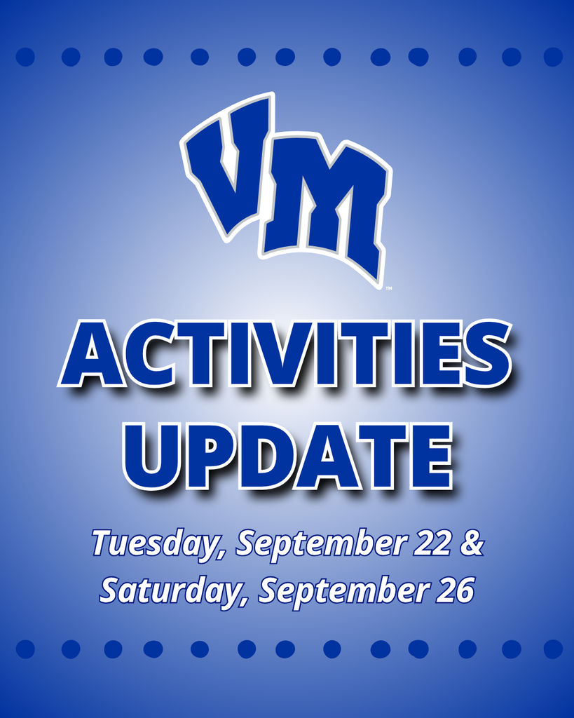 Blue background with VM logo and bold text announcing activities update for September 22 and 26.