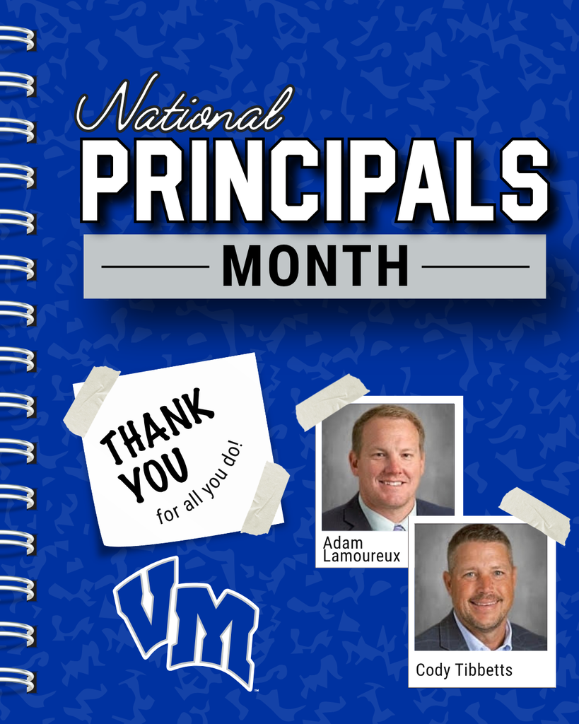 Blue notebook cover celebrating National Principals Month with photos of Adam Lamoureux and Cody Tibbetts and a thank you note.