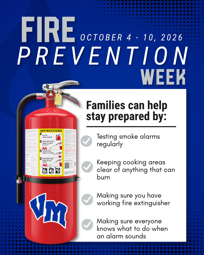 Red fire extinguisher with safety instructions next to tips for families to stay prepared during Fire Prevention Week, October 4-10, 2026.