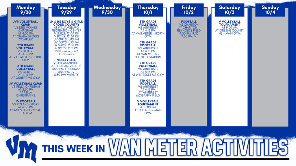 Weekly schedule of Van Meter school sports and activities from Monday 9/28 to Sunday 10/4, including volleyball, cross country, football, and tournaments.