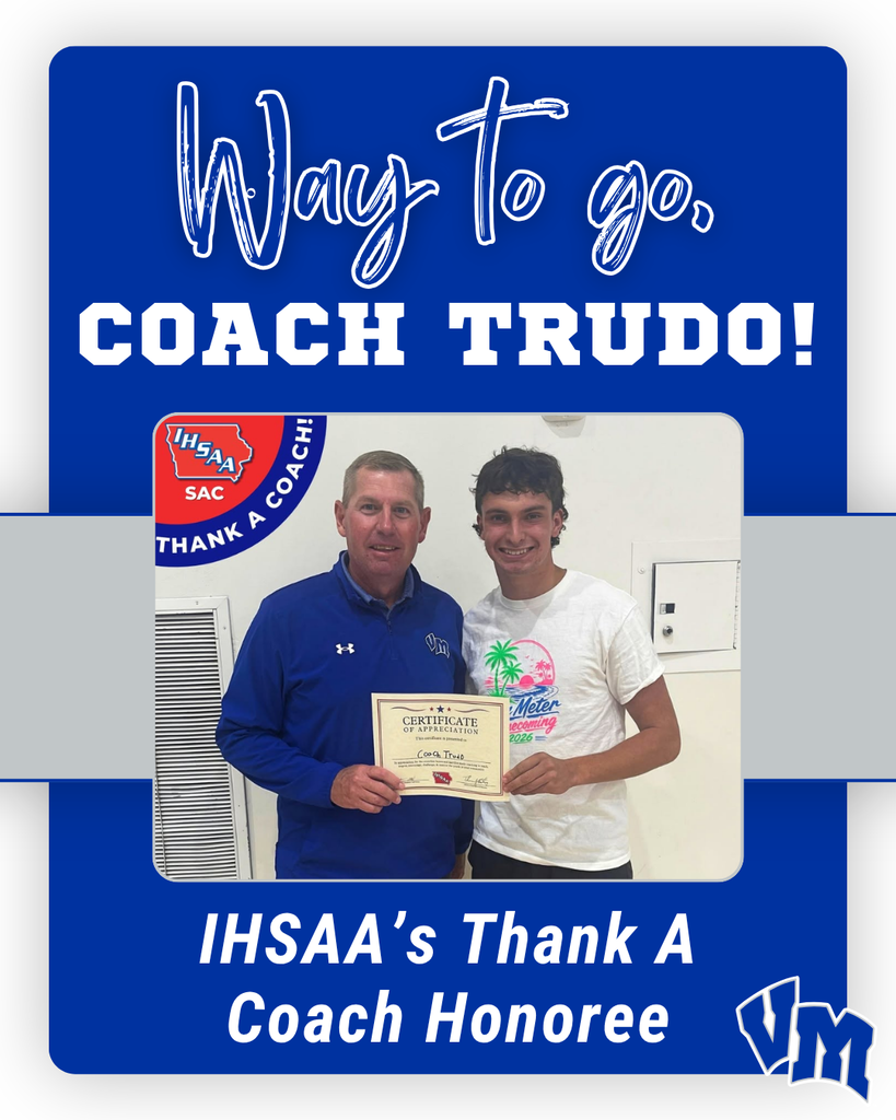 Coach Trudo holding a certificate with a smiling young man, recognized as IHSAA's Thank A Coach Honoree.